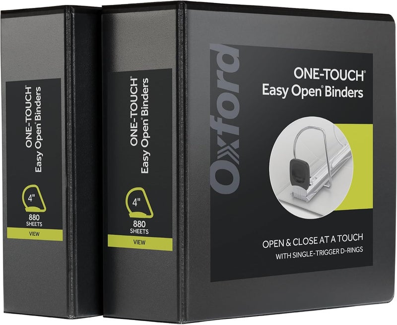 Oxford 3 Ring Binders, Binders for School and Office, Durable 4 Inch, ONE-Touch Easy Open D Rings, View Binder Covers, 4 Interior Pockets, PVC-Free, Holds 880 Sheets, Black, 2 Pack (79920) - Image 1